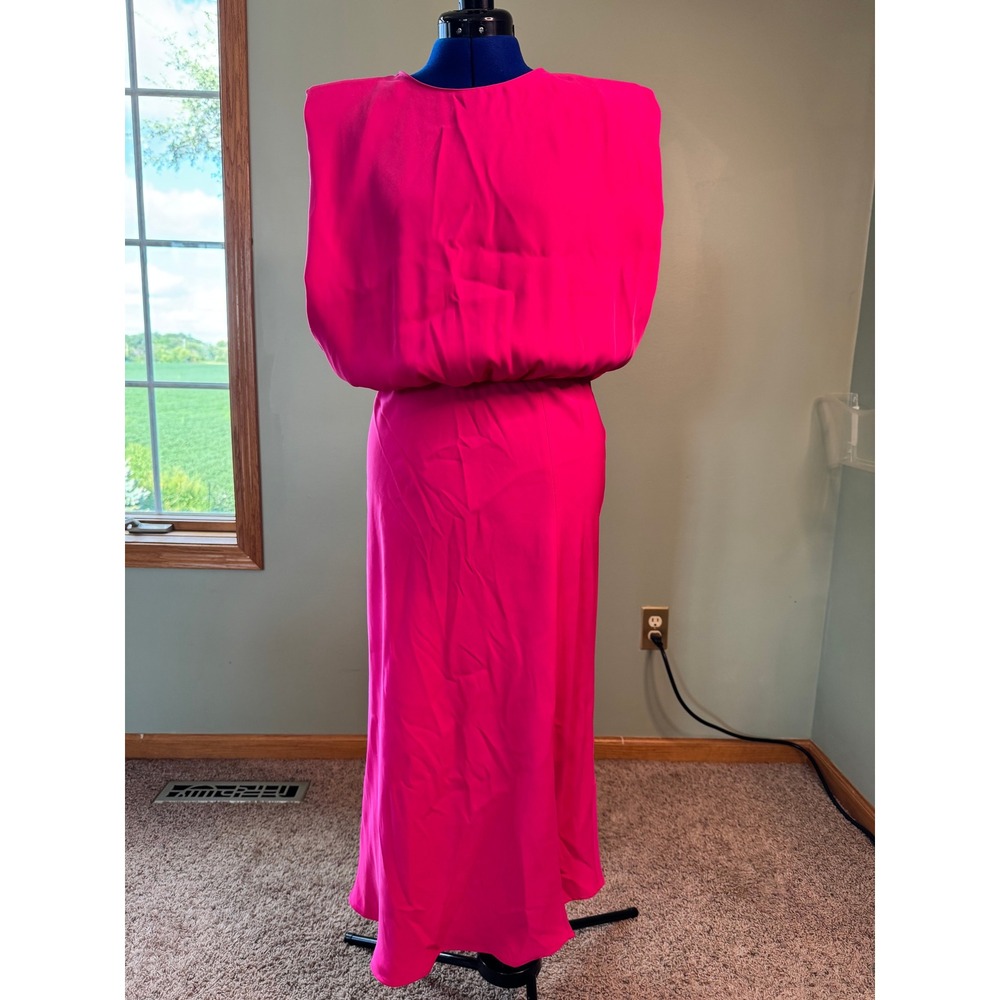 A New York Pink Sleeveless Blouson Maxi Dress Shoulder Pads Hot Pink Large